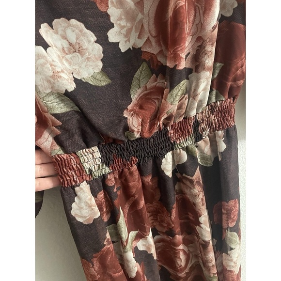 Kate and Lily Dress Floral Rust Midi Womens Sheer Sleeve Elastic Waist Size 12 - Picture 6 of 9